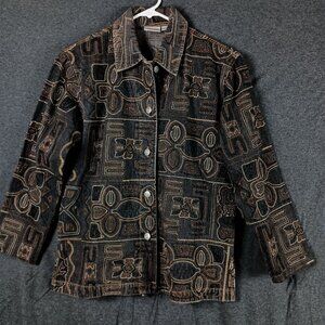 Chicos Denim Jacket Womens S 0 Black Embroidered Beaded Geometric Art to Wear